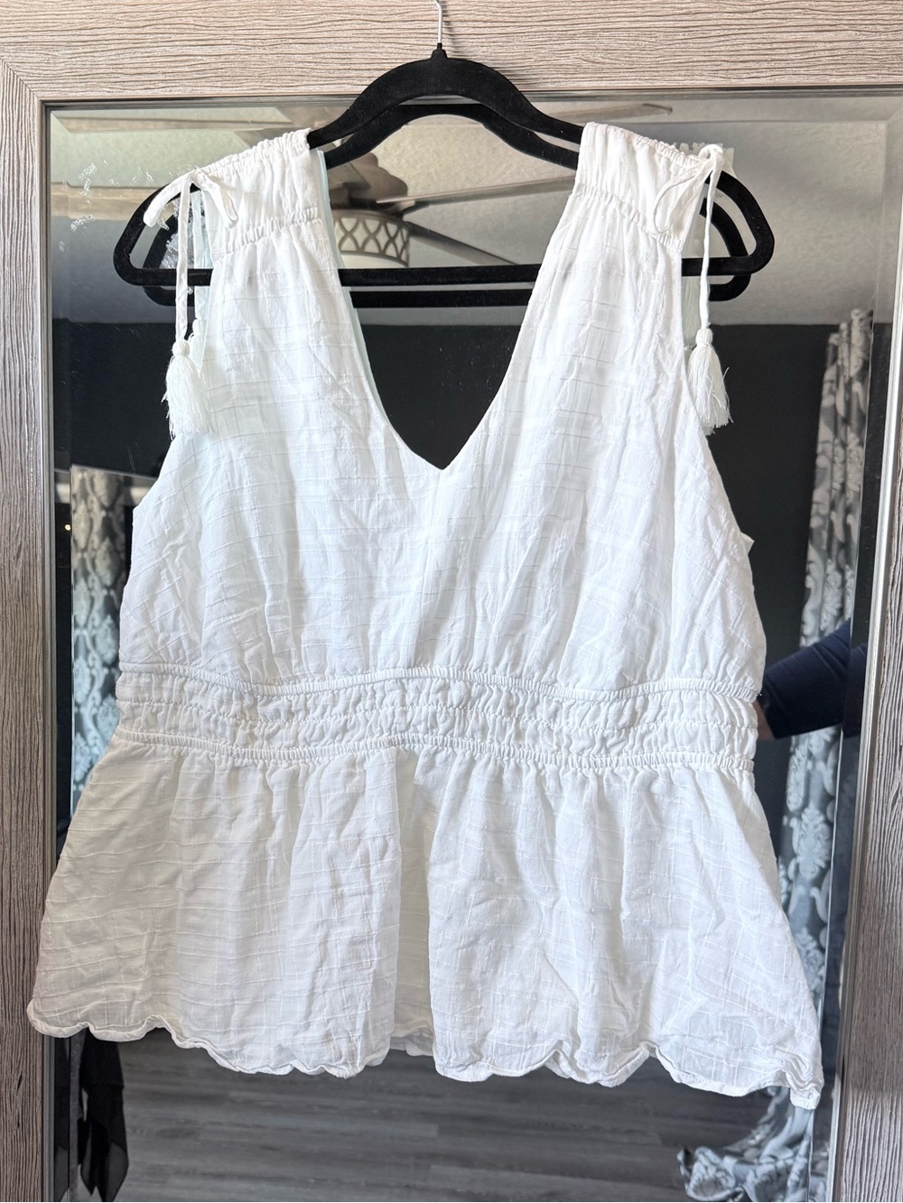 torrid White Smocked Waist V-Neck Peplum Tank with Tie Straps